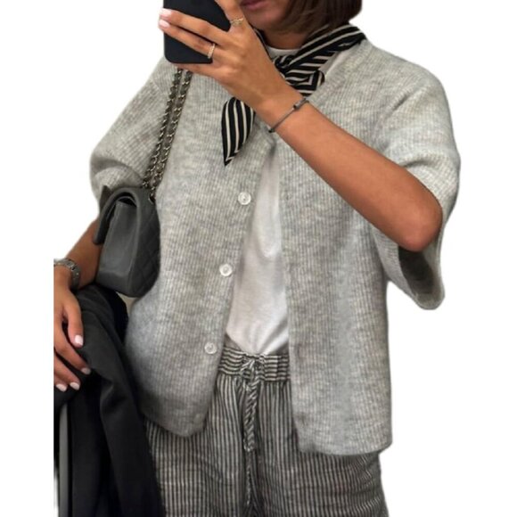 Women Cropped Knit Cardigan Short Sleeve Button Front Casual Sweater